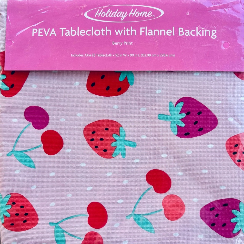 Holiday Home Pink Berry Print PEVA Tablecloth with Flannel Backing